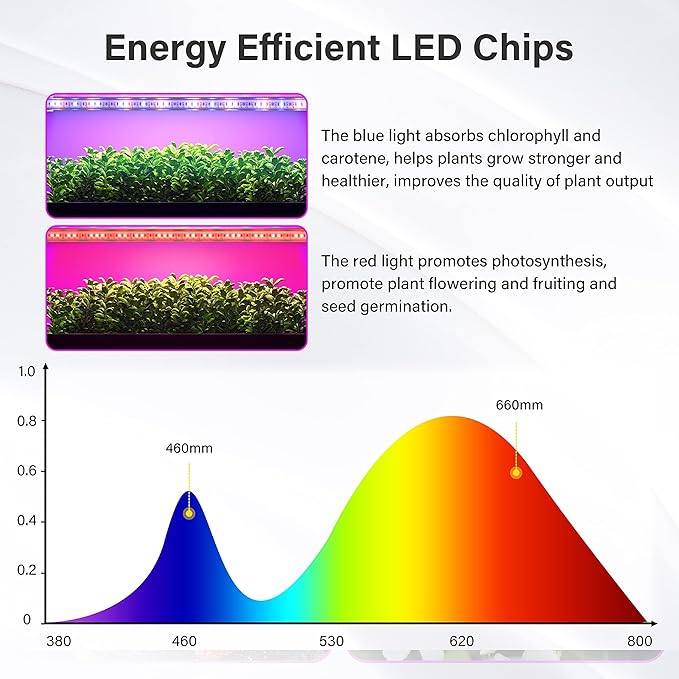 iPower 2Pack 60W LED Grow Lights with Full Spectrum Plant Growing Light Strips for Indoor Plant with Auto ON/Off 3/9/12H Timer, 10 Dimmable Levels 48 LEDs Per Tude, 4 Tubes, Red&Blue