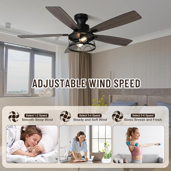 52'' Flush Mount Ceiling Fan with Light, Farmhouse Low Profile Ceiling Fan with Remote, 6-Speed Quiet Reversible DC Motor, 3 Clear Glass Lights, Timer Function, for Bedroom Living Room Kitchen
