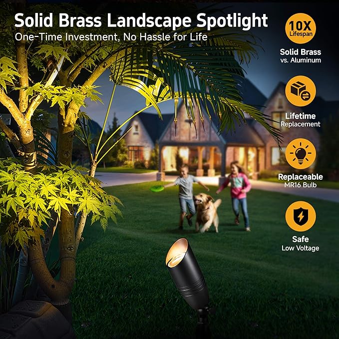 Gardenreet Die-Cast Brass Spot Light Outdoor - 12V LED Uplighting Waterproof, Low Voltage Landscape Lights Direct Wire, Black for Fence Fountain with Warm White MR16 Replaceable Bulbs (12 Pack)
