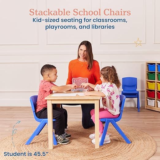 ECR4Kids 12in Plastic School Stack Chair, Classroom Furniture, Blue, 4-Pack