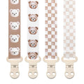 Baby Pacifier Clip Holder - Boy and Girl Unisex 4 Pack Gift Set – Vintage Neutral Checker Teddy Bear Beige and Brown