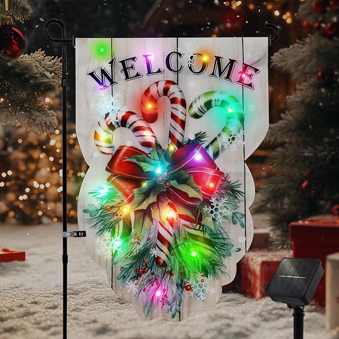 Lighted Christmas Garden Flag - 18x13-inch Waterproof Outdoor Christmas Decoration with 24 Glow-in-The-Dark LED in 8 Patterns, Perfect for Yard, Porch, and Lawn Decorations