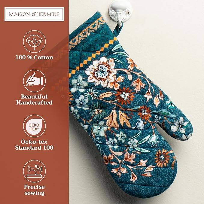 Maison d' Hermine Oven Gloves 100% Cotton Oven Mitt 7" x 13" with Loop Heat Resistant BBQ Cooking Gloves for Thanksgiving Christmas Decorations Handling Hot Pans (Pack of 1, Luxury Loft - Dark Teal)