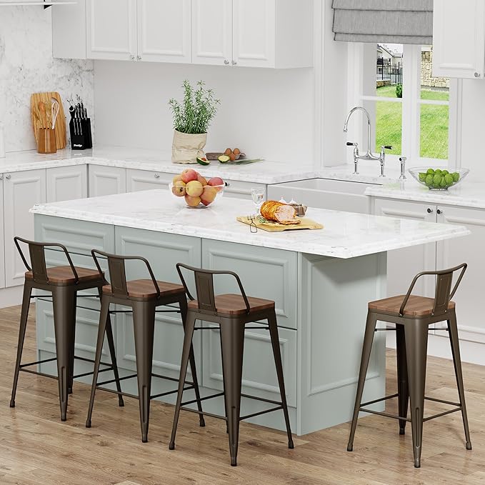 Yongchuang 24 inch Bar Stools Set of 4 Metal Counter Height Bar Stools with Wood Seat Kitchen Low Back Barstools Gunmetal