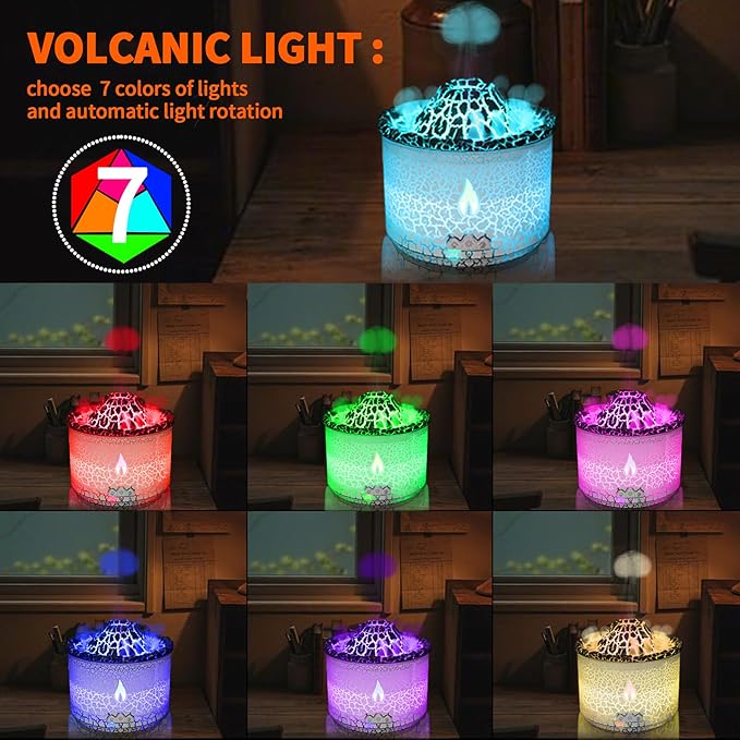BOHOFAM Essential Oil Diffuser 360ML,Volcano and Flame Diffuser/Humidifier 2 Mode,Diffusers for Home with 7 Colorful Light,Included 4 Hotel Collection Diffuser Oil for Bedroom(White Translucent)