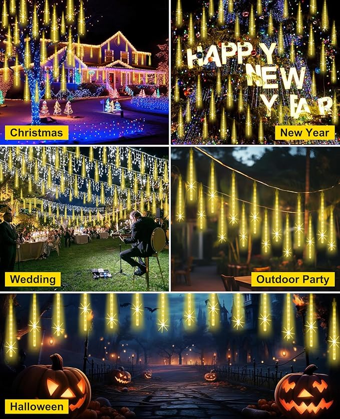 EAGWELL Meteor Shower Lights Outdoor Christmas Lighting Falling Rain Lights 12Inch 10Tubes Rain Drop Light Snowfall Icicle Cascading String Decor for Xmas Holiday Tree Garden Decor,Shine Warm White