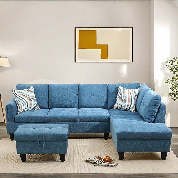NAYSAYE Sectional Couch with Ottoman Storage, L Shaped Couch Sofa Furniture Sets, Modern Comfy Modular Comfy Sofa for Living Room Bedroom, Office and Apartment, Blue