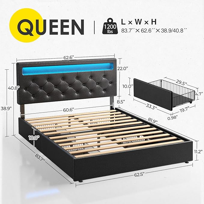 Rolanstar Queen Bed Frame with 4 Storage Drawers and Charging Station, Queen Bed with Led Lights, 2 USB & 1 Type C, Adjustable Headboard 38.9/40.8 Inches, No Box Spring Needed, Black