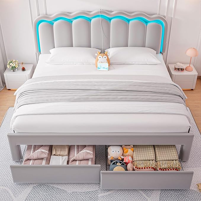 King Upholstered LED Bed Frame with 2 Storage Drawers and Adjustable Chic Double Wavy Headboard, Velvet Princes Platform Bed with Charing Station, Solid Wood Slats Support, No Box Spring Needed, Grey