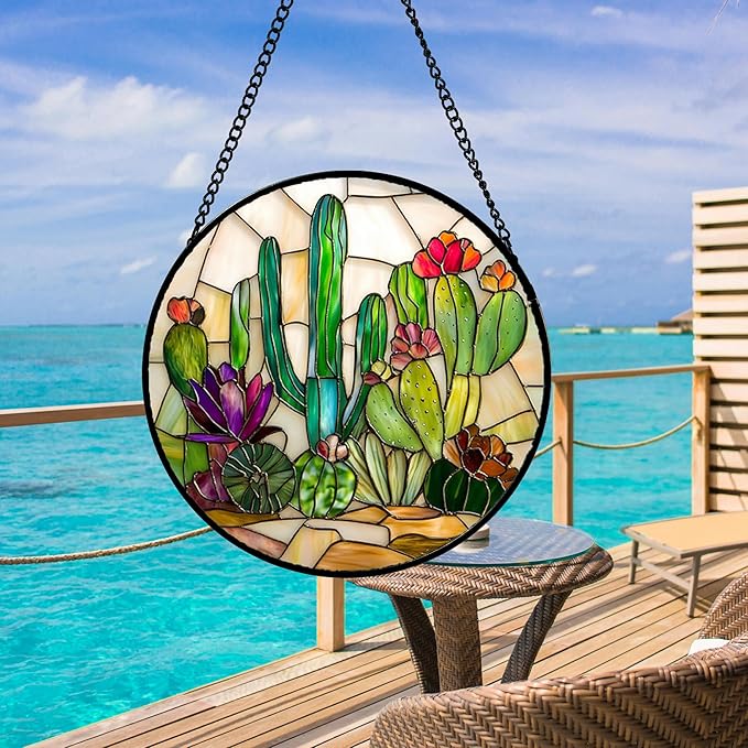 Stained Glass Window Hanging, White Green Cactus Suncatcher Diamond Glass Panel Hangings Sun Catchers Decor for Birthday for Women, Men, Wife, Aunt, and Mom 14.9x14.9 in