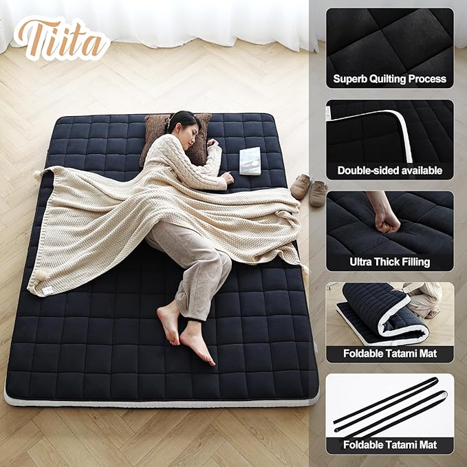 Tiita Japanese Floor Mattress, 4” Thicken Futon Mattress with Storage Bag and 2 Straps， Twin Size Sleeping Tatami Mat for Adults，Black
