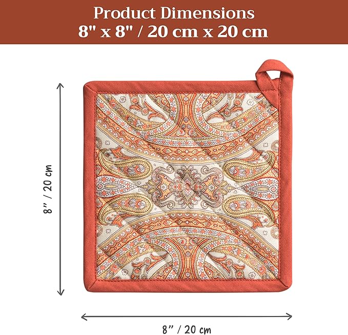Maison d' Hermine Pot Holders Set 100% Cotton Heat Resistant Potholders 8" x 8" Hot Pads with Loop for Thanksgiving Christmas Decorations BBQ Baking Handling Hot Pans (Pack of 2, Kashmir Paisley)