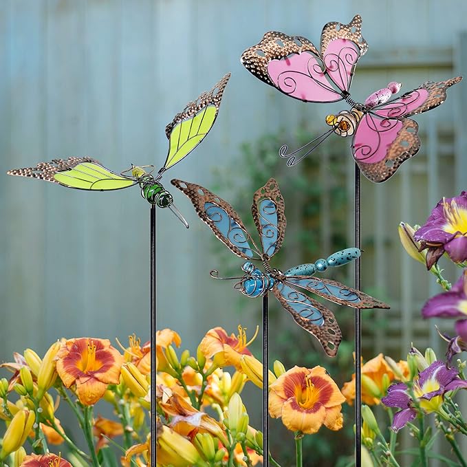 Juegoal 34 Inch Butterfly Garden Stakes Decor, Dragonfly Hummingbird Stakes, Glow in Dark Metal Yard Art for Mom, Mothers Day Ideal Gifts, Indoor Outdoor Lawn Pathway Patio Ornaments, Set of 3