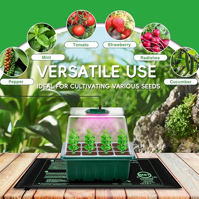 YAUNGEL Seed Starter Tray with Grow Light, 5 Pack Seed Starter Kit with Heat Mat, Seedling Starter Trays with Timing Controller Adjustable Brightness, Thicken Trays with Humidity Domes
