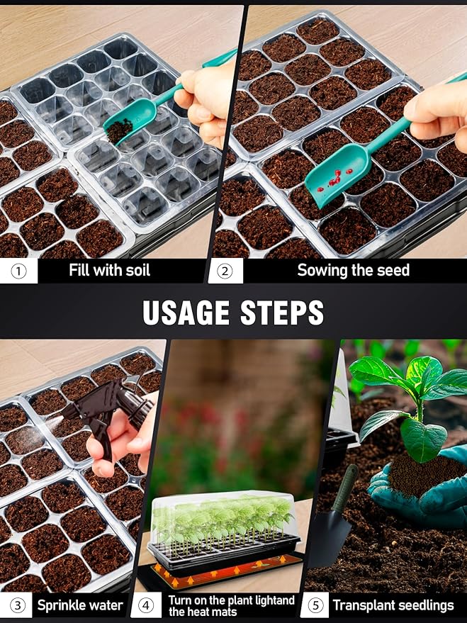 1020 Plant Tray with Tall 8'' Dome, 144-Cell Seed Starter Tray with Heat Mat, Extra Large Seed Starter Kit, Heavy-Duty Seed Starter Tray for Seed Starting, Plant Germination & Growing, 2 Pack
