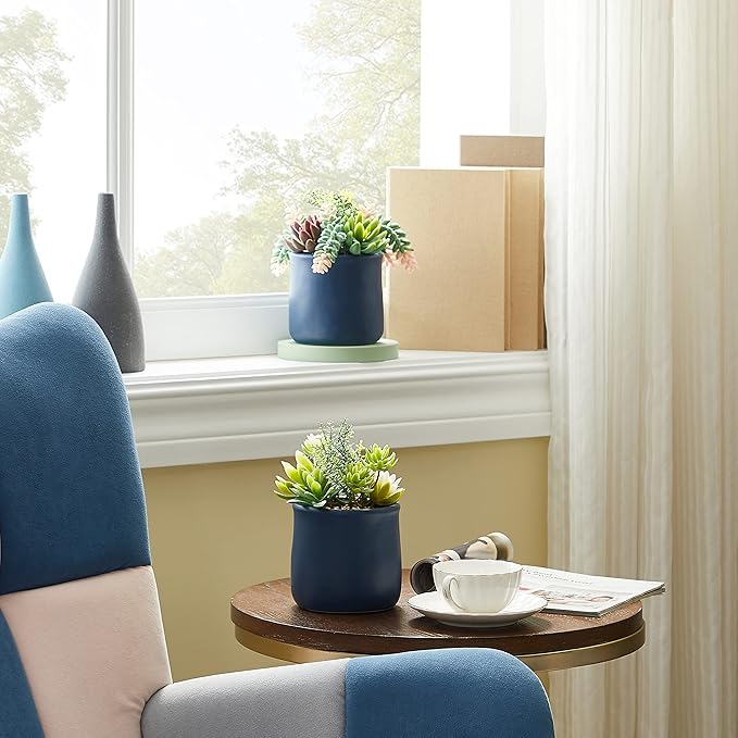 Artificial Succulent in Ceramic Pots, 2 Packs Large Faux Fake Plants Navy Blue for Desk,Office, Bedroom, Living Room, Bathroom Office Shelf Home Décor