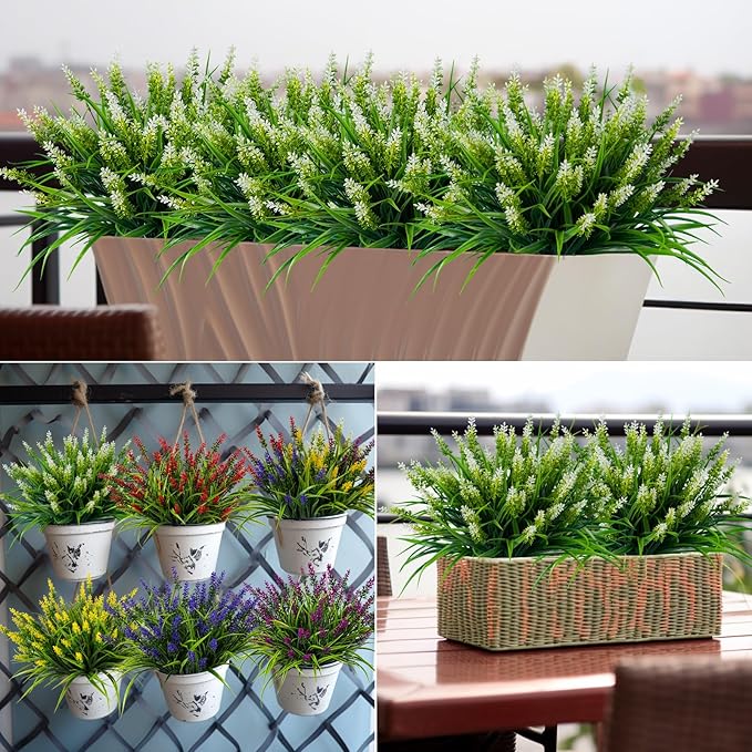 Artificial Flowers for Outdoor Plants 24 Bundles Fake Lavender Plastic Faux Monkey Grass for Verandah Window Garden Office Patio Front Porch UV Resistant for Planter(White)
