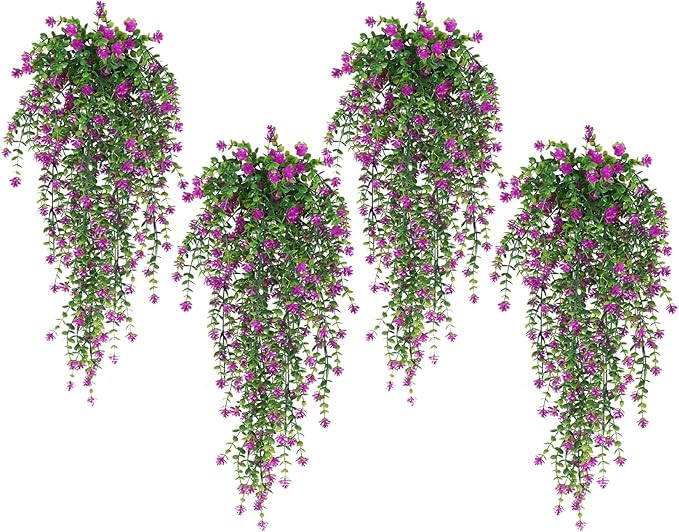 SJL Faux Hanging Plant 4 Pack Hanging Vines Plants Indoor Realistic Artificial Fake Small Hang Plant Leaves Faux Outdoor Plants Plastic Flowers Stem Decor for Wall Room Party (Fuchsia)