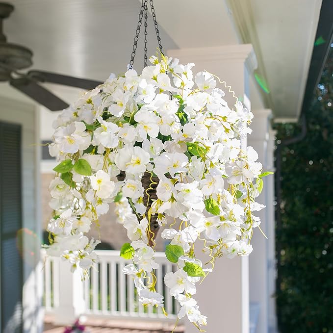 Artificial Hibiscus Fake Hanging Flowers Plants for Outdoor Spring Summer Decoration, 2pcs White Silk Hibiscus Long Trailing Vines UV Resistant Realistic Faux Flower for Outside Front Door Porch Patio
