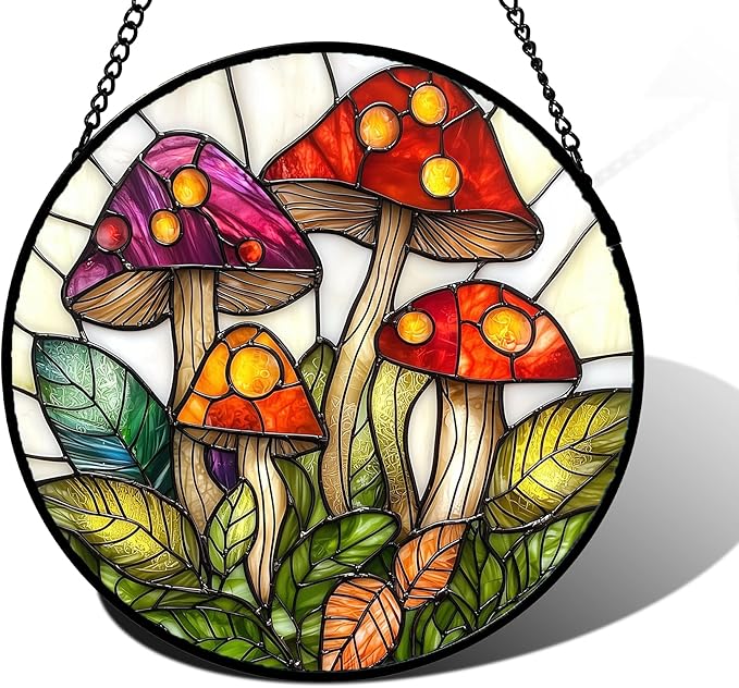 Stained Glass Window Hanging, Mushroom Leaves Suncatcher for Doors Home Sun Catchers Decoration and Christmas, Mother's Day Birthday Gifts for Women, Men, and Mom 9.8 in