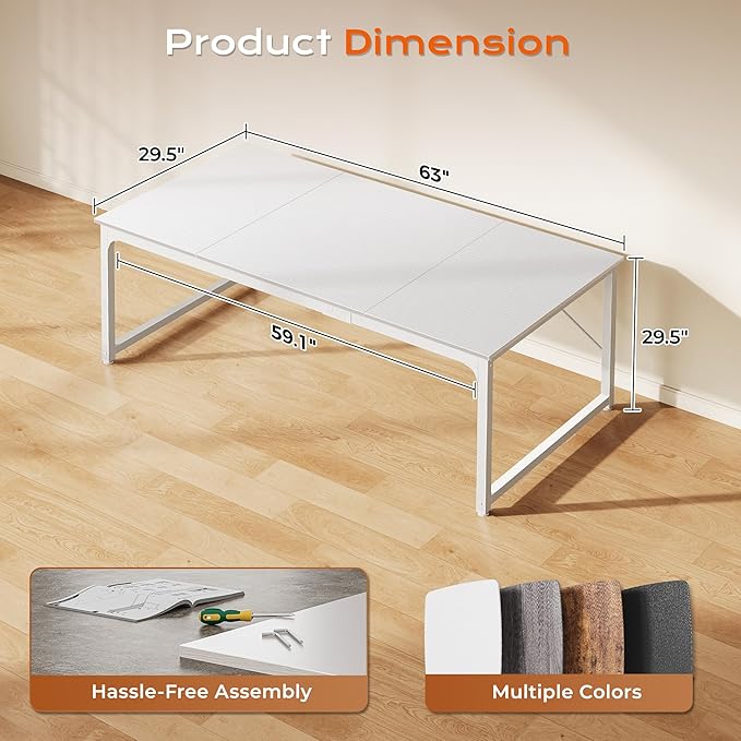 PRAISUN 63 x 29.5 Inch Computer Desk with Deeper Desktop, Gaming Office Writing Work Desk for Home Office, Study, Bedroom, Work from Home, Metal Frame, White