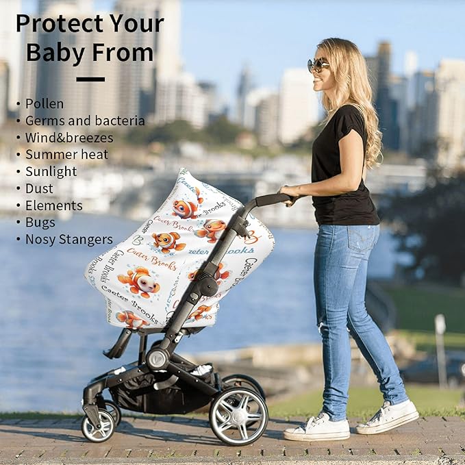 Personalized Baby Car Seat Cover with Name Stroller Canopy Custom Clownfish Carseat Cover Newborn Baby Boy Girl Nursing Cover for Moms First Birthday Gift