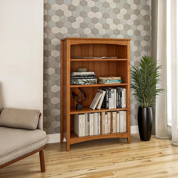 Shaker Style 4 Shelf Bookcase / Solid Wood / 48" High / Adjustable Shelving / Closed Back / Display Bookshelf for Living Room, Bedroom, Home and Office, Cherry