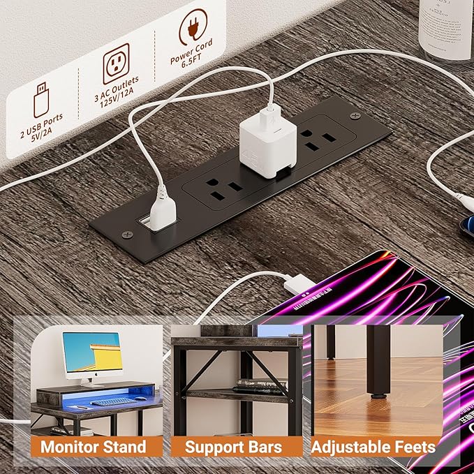 Unikito Reversible L Shaped Desk with Power Outlets and RGB LED Light, Sturdy Computer Desk with Ergonomic Monitor Stand and Storage Shelves, Corner Desk for Home Office, Easy Assembly, Black Oak