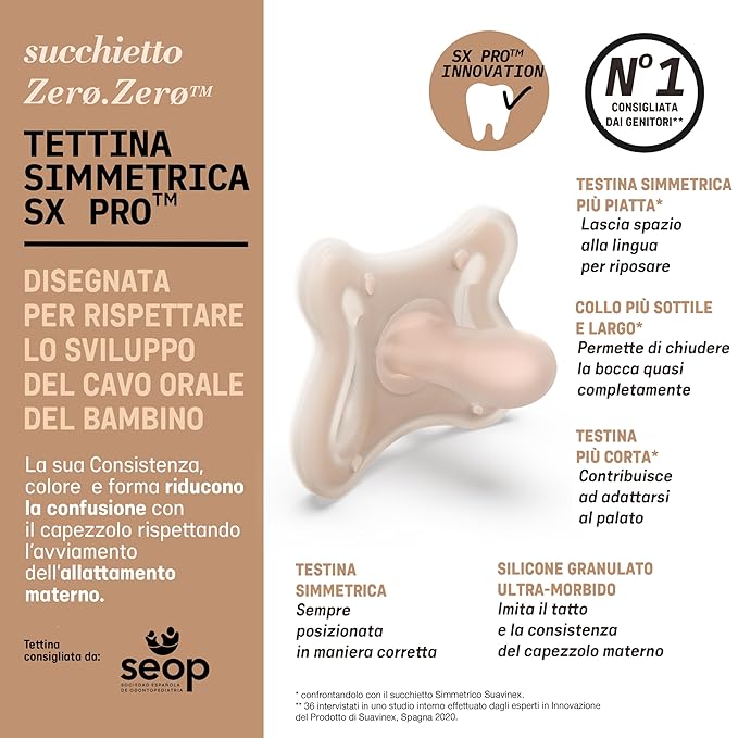 Suavinex Zero Zero Silicone Baby Pacifier w/SX Pro Physiological Pacifier Nipple (-2-2M), 2Pk, Fair