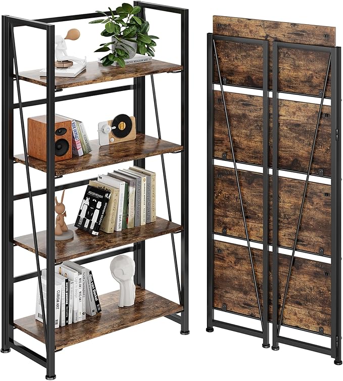 BHG Vintage Multifunctional Bookcase Folding Bookshelf, No-Assembly Plant Stand Storage Rack Shelves for Home Office (Fire, 4-Tier)
