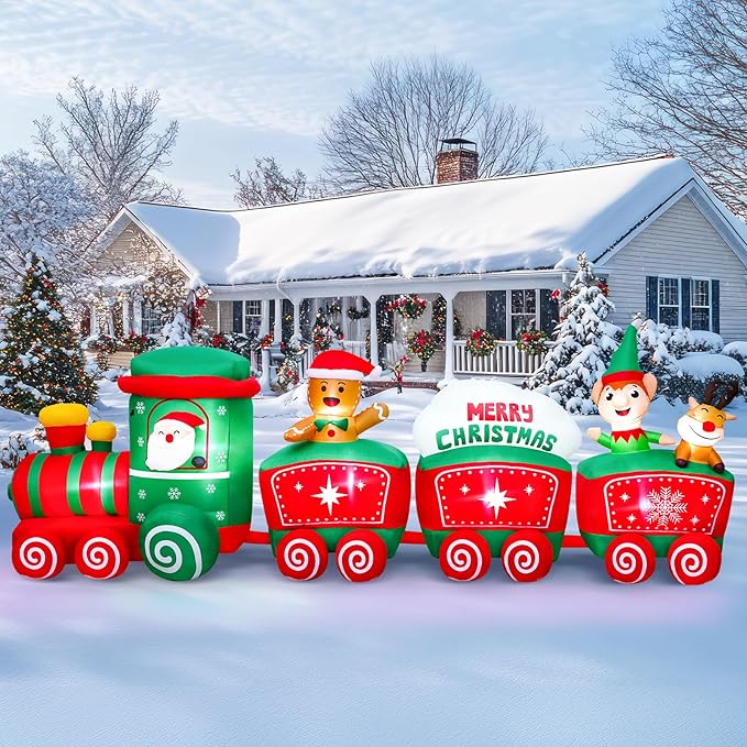 12FT Christmas Inflatables Train Decoration with Santa, Gingerbread Man, Reindeer, Lighted Blow Up Xmas Yard Decor with LED Lights, Holiday Outdoor Lawn Decorations for Garden, Party, Home