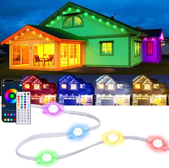 50ft Permanent Outdoor RGB Lights with App Smart LED String Light Remote Control Outdoor Hanging Party Light Waterproof Color Changing Outside Lights for Yard Holiday Christmas House Roof Patio