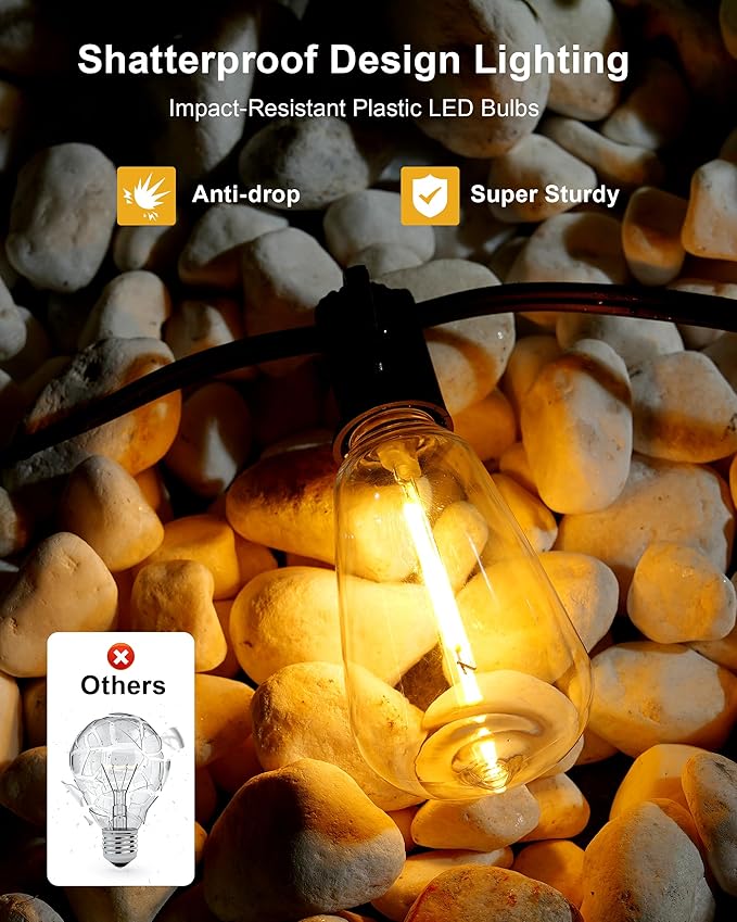 Outdoor String Lights - 50FT LED Patio Lights with 27 Shatterproof Waterproof Bulbs, Connectable Dimmable Edison IP65 ST38 Outside Lights for Garden, Balcony, Porch, Backyard, Deck, Home Decor