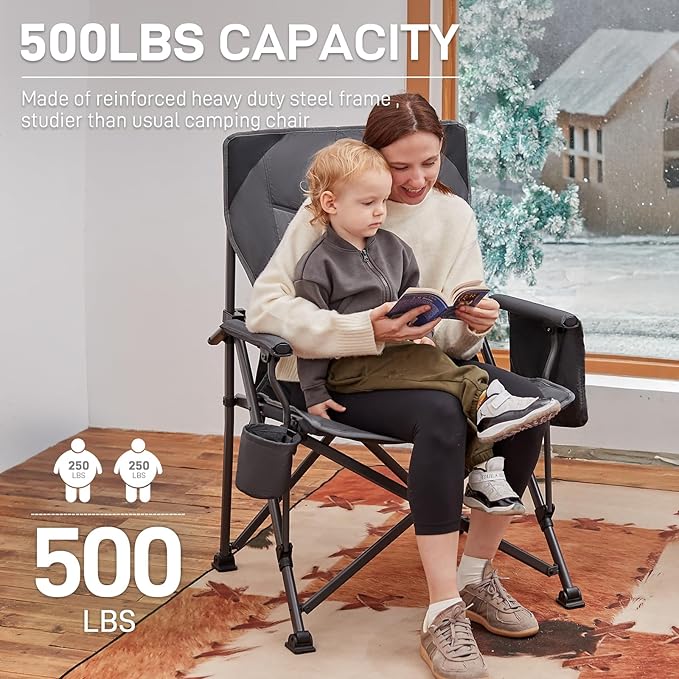 EVER ADVANCED Oversized Folding Camping Chair, for Adults Heavy Duty Lawn Chair with Side Pockets, Portable Collapsible Quad Chair for Outside, Support Up to 500lbs, Grey