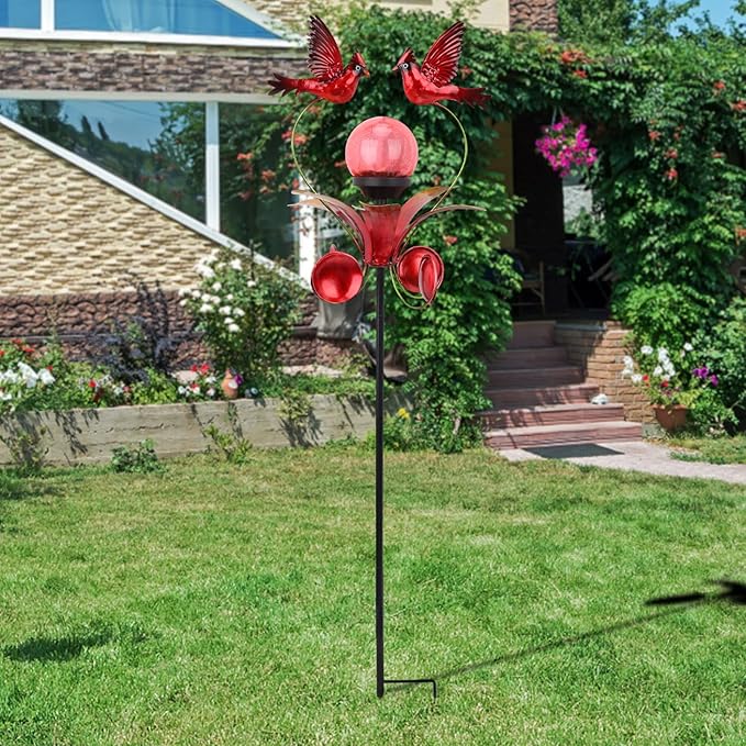 VCUTEKA Cardinal Solar Lights Outdoor Metal Garden Stake Waterproof Crackle Glass Globe Garden Decor Cardinal for Pathway, Lawn, Patio, Yard
