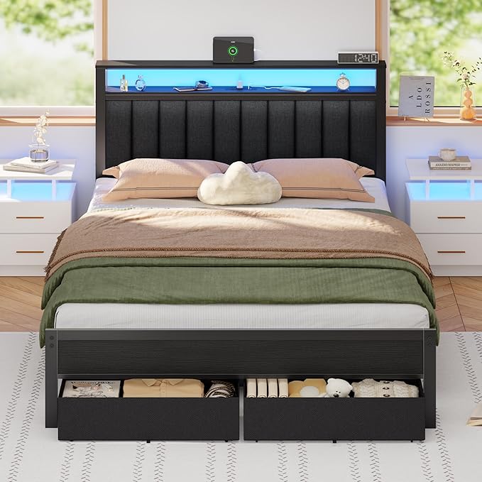 Furnulem Queen Bed Frame with Charging Station and LED Lights, Grey Upholstered Headboard with Shelves, Metal Platform Bed with 2 Under-Bed Storage (Fabric Drawer on Wheels), No Box Spring Needed