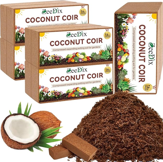 ZeeDix 10 Pack Coconut Coir Bricks, 100% Organic Compressed Coco Coir Brick Seed Starter Potting Soil for Plants, Premium Coconut Fiber Substrate with Low EC & pH Balance for Gardening Flower Herbs