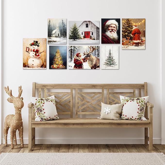 Santa's Reindeer & Christmas Tree Canvas Wall Art - Vintage Framed Canvas Prints for Living Room & Office, Festive Christmas Wall Decor Ready to Hang, Unique Christmas Gifts & Holiday Winter Decor
