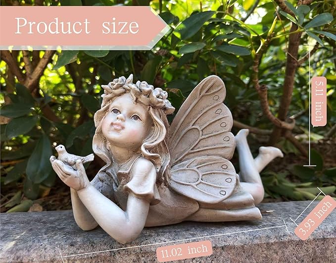 MeritMode Fairy Flower Garden Outdoor Statue - Angel Holding Bird and Butterfly, 11" Width, Cherub Decor and Grandma Gifts, Patio and Yard
