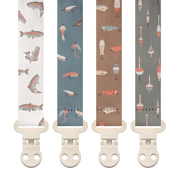Stadela Baby Pacifier Clip Holder - Girl or Boy Unisex 4 Pack Gift Set – Fishing Theme (Gone Fishing)