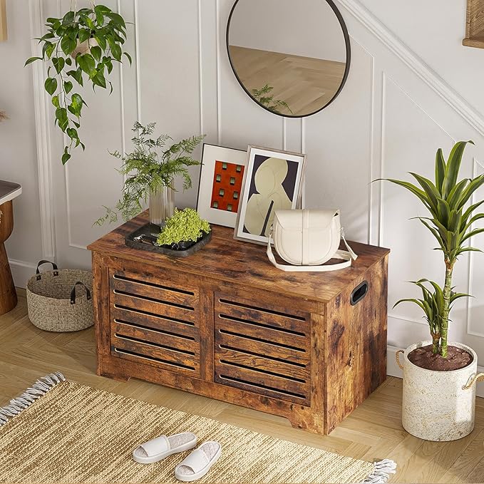 DINZI LVJ Storage Chest, Flip-Top Wooden Toy Box with 2 Safety Hinges, Retro Entryway Shoe Bench, Sturdy Large Storage Trunk for Living Room, Bedroom, Toddler Room, Easy Assembly, Rustic Brown
