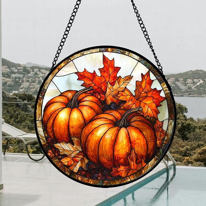 Stained Glass Window Hanging, Pumpkin Maple Leaf Suncatcher for Doors Home Sun Catchers Decoration and Christmas, Mother's Day Birthday Gifts for Women, Men, and Mom 15x15 in