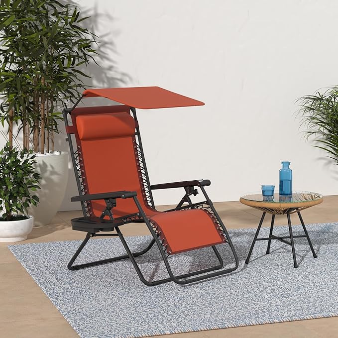 Best Choice Products Folding Zero Gravity Outdoor Recliner Patio Lounge Chair w/Adjustable Canopy Shade, Headrest, Side Accessory Tray, Textilene Mesh - Burnt Orange