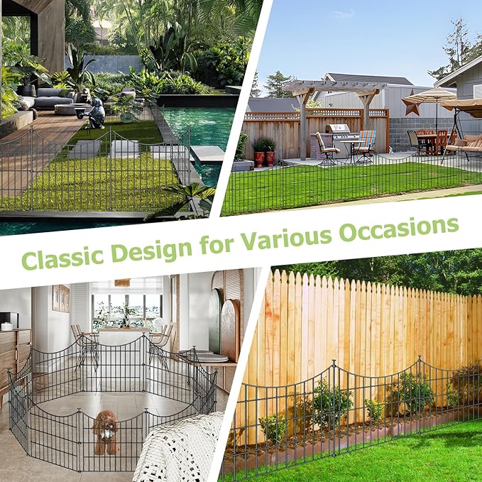 10 Panels Garden Fence Dog Fence Outdoor for Yard, 24in H x 20ft L Rustproof Metal Fencing with Ground Stakes | No Dig Animal Proof Containment for Pets/Rabbits | Durable Patio Security Panels
