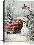 Christmas Snowman & Red Truck Canvas Wall Art - Rustic Winter Scene Framed Picture for Modern Farmhouse Home, Festive Christmas Wall Decor, Perfect Christmas Gifts & Holiday Decorations