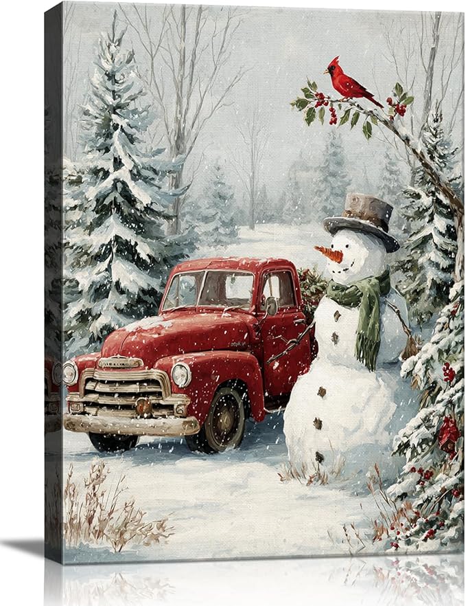 Christmas Snowman & Red Truck Canvas Wall Art - Rustic Winter Scene Framed Picture for Modern Farmhouse Home, Festive Christmas Wall Decor, Perfect Christmas Gifts & Holiday Decorations