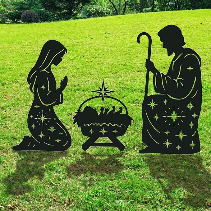 Outdoor Nativity Scene Garden Stakes Decorations, 3PCS Metal Silhouette Outdoor Nativity Set Garden Decor, for Yard Patio Lawn Garden Pathway