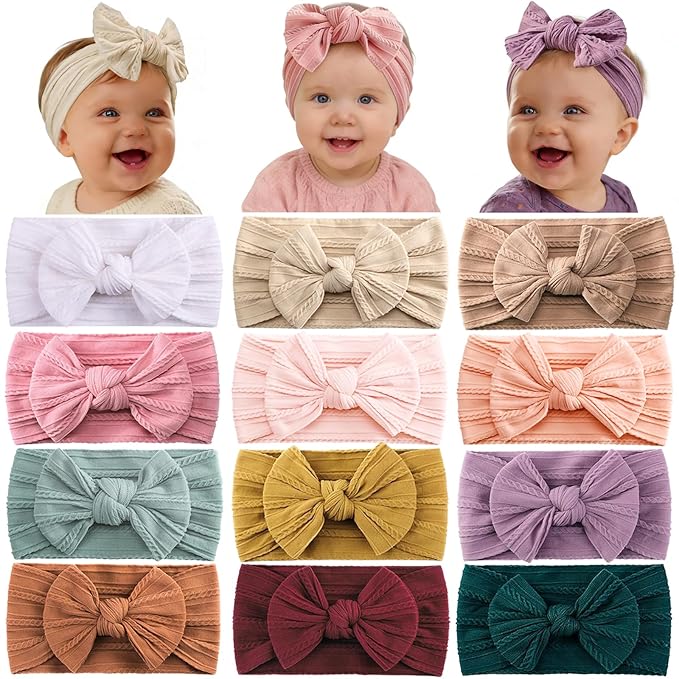 ALinmo 12PCS Baby Nylon Headbands Hairbands Hair Bow Elastics for Baby Girls Newborn Infant Toddlers Kids Colorful