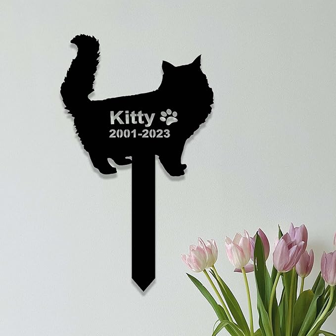 Custom Fluffy Cat Memorial Stake Sign Metal Long Hair Cat Grave Marker Cat Garden Decor Personalized Cat Name Remembrance Yard Stake Pet in Heaven Loss of Cat Sympathy Gift