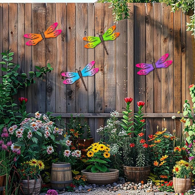 Metal Dragonfly Wall Decor, 4 Pack 14inch Metal Dragonfly Wall Hanging Sculpture Decor for Outdoor, Yard Patio Fence Garden Outside Decorations
